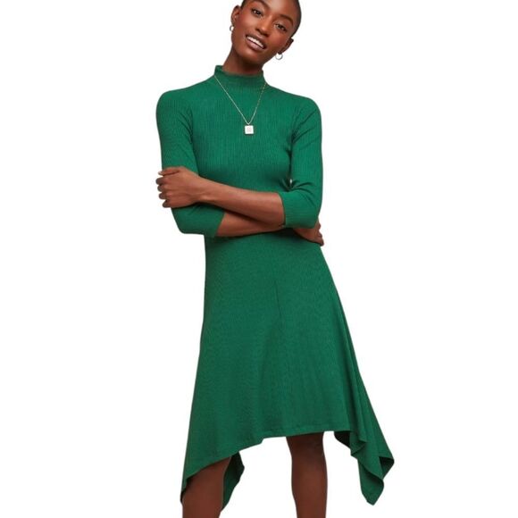 ANTHROPOLOGIE forest green ribbed mock neck turtleneck‎ shark bite dress S - Picture 1 of 11